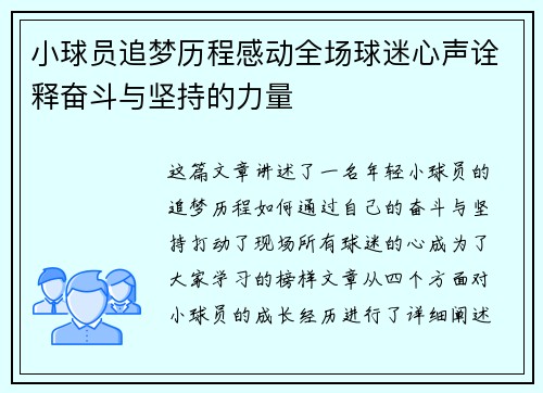 小球员追梦历程感动全场球迷心声诠释奋斗与坚持的力量